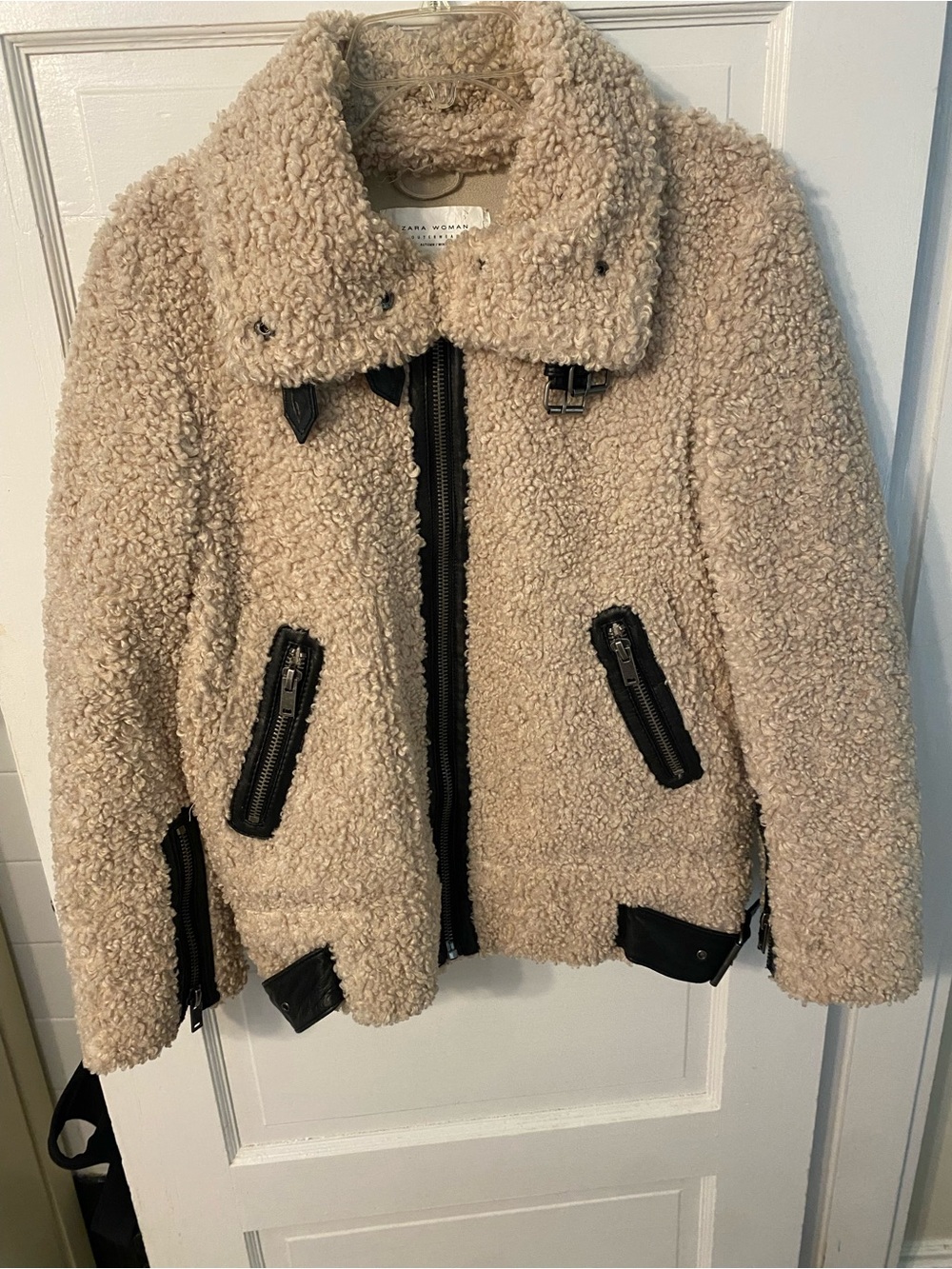 Zara Cream Teddy Sherpa Jacket with Zip Pockets and Faux Leather Accents